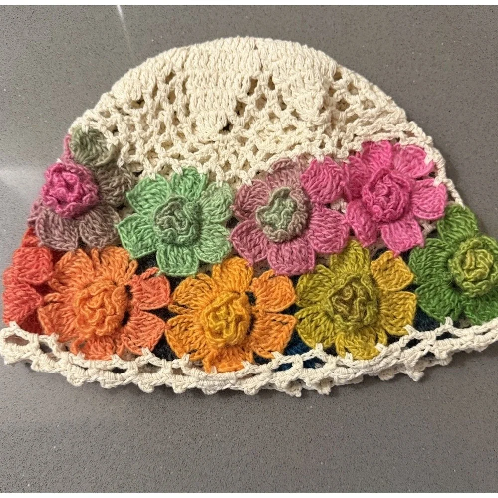 Multicolor 3D Crochet Flower Bucket Hat Beanie Boho Cloche Cottagecore Handmade